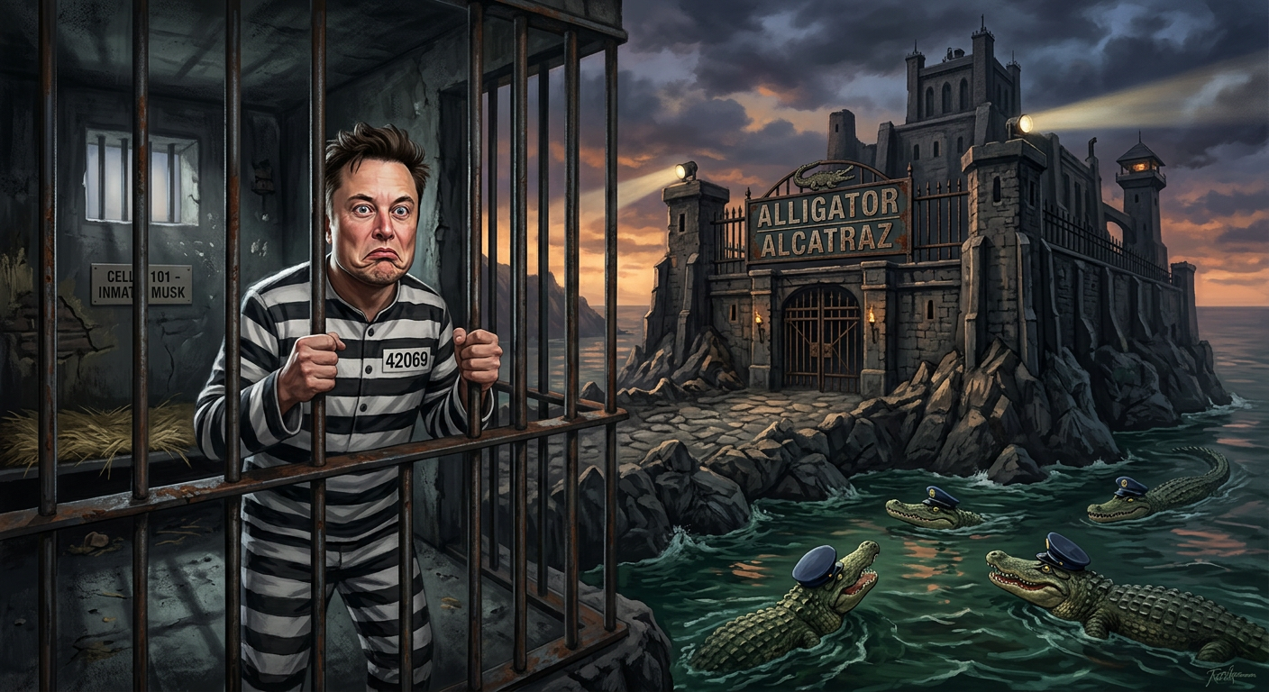 Elon Musk imprisoned at Alligator Alcatraz.